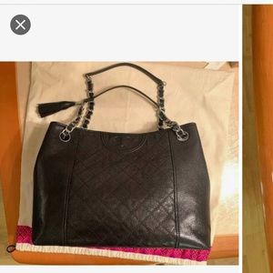 Used once! Tory Burch silver/bl tote 12.8"L x 5.6"W x 10.4"H